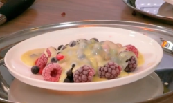 Jodie Prenger frozen berries with white chocolate dessert on Who’s Doing The Dishes?