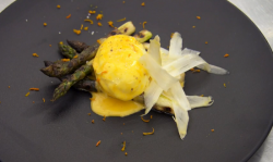 Monica’s sauce maltaise with  asparagus and a poached egg on MasterChef: The Professionals