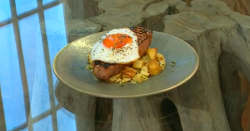 Daniel Doherty’s grilled bacon chop with apple and parsnip hash dish on Saturday Kitchen