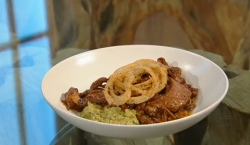 Andi Oliver’s braised lamb belly in ale and cauliflower mash dish on Saturday Kitchen