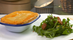 Anna and Faye’s chicken, leek and thyme pie with watercress and bacon crumb salad dish on  ...