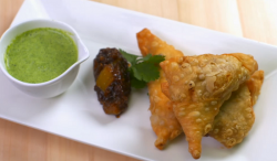 Laura and Louis’ chicken samosa with mango chutney and mint coriander on cucumber raita dish on  ...