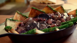 Simon Hopkinson chicken coq au vin with bacon and fried bread dipped in parsley dish on The Good ...