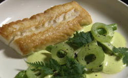 Hake fillet with pickled cucumber and asparagus dish on Rick Stein’s Long Weekends