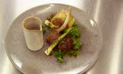 Andrew’s lamb three ways with Rosemary and red current ju dish on MasterChef: The Professi ...