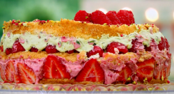 Mehdi’s pistachio framboisier showstopper dessert cake on Junior Bake Off