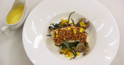 Andrew’s cod with pork scratchings, paprika  crust, samphire and a sweet corn veloute dish ...