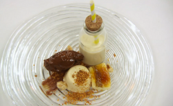 Andrew’s peanut butter panna cotta with chocolate ganache and banana milkshake dessert on  ...