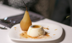 Anna and Fay’s poached spice pears with a light panna cotta and Vin Santo syrup dessert on ...