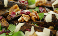 Simon Rimmer’s Spiced Aubergines, Tahini Dressing and Candied Walnuts dish on Sunday Brunch
