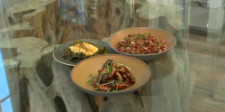 Sabrina’s  Tamarind prawns with Vine-baked feta and Freekeh salad on Saturday Kitchen