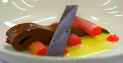 Wayne’s dark chocolate ganache with poached rhubarb dessert on on MasterChef: The Professi ...