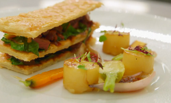 Zoe’s steak and kidney millefeuille with bacon jam dish on MasterChef: The Professionals