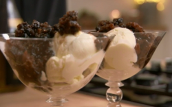 Nigel’s Christmas pudding with brandy and  vanilla ice cream dessert on Christmas Kitchen