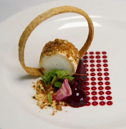 Gary’s goats cheese in a ginger and hazelnut crumb with beetroot starter on MasterChef: Th ...