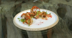 Michel’s grilled tiger prawns, white onion puree and seared cucumber dish on Saturday Kitchen