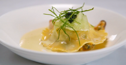 Ellie’s scallop ravioli with mussels sauce on MasterChef: The Professionals