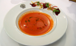 Matt’s red pepper and tomato gazpacho soup with pickled vegetables and basil oil on 
Maste ...