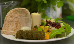 Louise ‘s falafel with homemade hummus and pitta bread lunch on  The Hairy Bikers Comfort Food