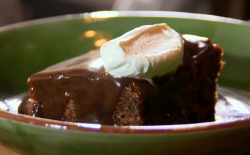 Sticky toffee pudding with cream dessert on The Hairy Bikers Comfort Food