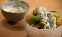 Nigel Slater Saturday kitchen  grilled prawns with yoghurt and mint dish