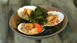 Michel Roux Jr.  scallops with fregola and fried kale dish on Saturday