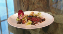 Luke Tipping Beef fillet with walnut ketchup, chicory, blue cheese salad and celeriac chips dish ...