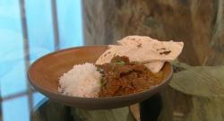 Angela Hartnett venison curry  with rice and naan bread on Saturday Kitchen