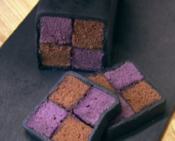 John Whaite’s liquorice and blackcurrant battenberg cake on Chopping Block