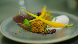 Gary’s carrot cake with purple carrot puree, walnut crumb and ice cream on Hidden Restaura ...