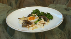 Phil Howard broccoli with mushrooms, duck egg and cashew nut cream on Saturday Kitchen