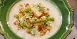 Mary Berry’s celeriac soup with crispy pancetta and poppy seed croutons on Mary Berry Everyday