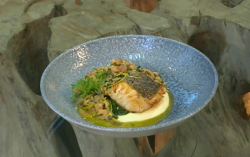 Paul Askew hake with wild garlic and potted shrimps dish on Saturday Kitchen