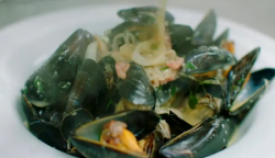 Chris’s mussels with cider and smoked bacon on Hidden Restaurants with Michel Roux Jr