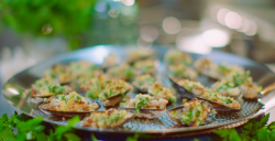 Michel Roux Jr mussels baked with sausage meat,  garlic butter and bread crumbs on Hidden Restau ...