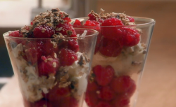 Nigel Slater raspberries with cream and oats dessert on Saturday Kitchen