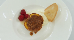 David’s baked peaches in vin santo  with raspberries and almond tuile dessert on Masterchef UK