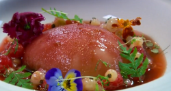 Nigel Haworth and Steve’s champagne poached peaches dessert on The Secret Chef