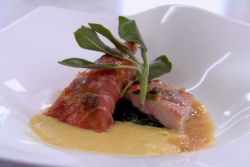 Rosemary Shrager’s rabbit saltimbocca with creamy polenta on Chopping Block