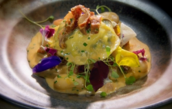 Glynn Purnell goat’s cheese & spinach ravioli with chorizo and tomato emulsion starter ...