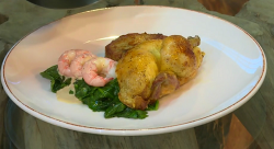 Michel Roux Jr. roast chicken with langoustines and brandy sauce on Saturday Kitchen