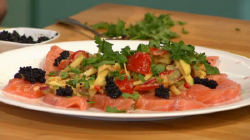 Peter Gordon’s Salmon Ceviche with Som Tam Salad and Caviar on Sunday Brunch