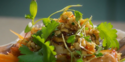 Glynn Purnell scallops with raw veg, almond satay and ponzu dressing  on The Secret Chef