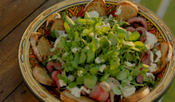 Michel Roux Jr steak with watercress salad and blue cheese dressing starter on Hidden Restaurants