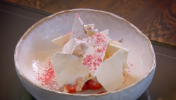 Nigel Haworth  strawberry fool with lemon granita and meringue dessert on The Secret Chef