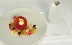 Shaun Rankin apple crumble with white chocolate sphere and a cinnamon and vanilla sauce on Maste ...