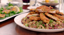 Matt Tebbutt’s crispy cajun chicken with couscous and sweet corn fritters on Save Money: G ...