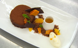 Shauna ‘s dark chocolate marquise with honeycomb and a orange and rosemary coulis  on Mast ...