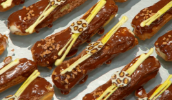 Paula’s team cocoa nib and banana eclairs on Bake Off Creme de la Creme