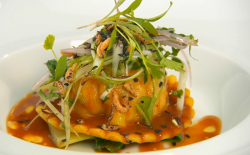 Shaun Rankin’s lobster ravioli with  crab and lemongrass dressing  starter, cooked at Orme ...